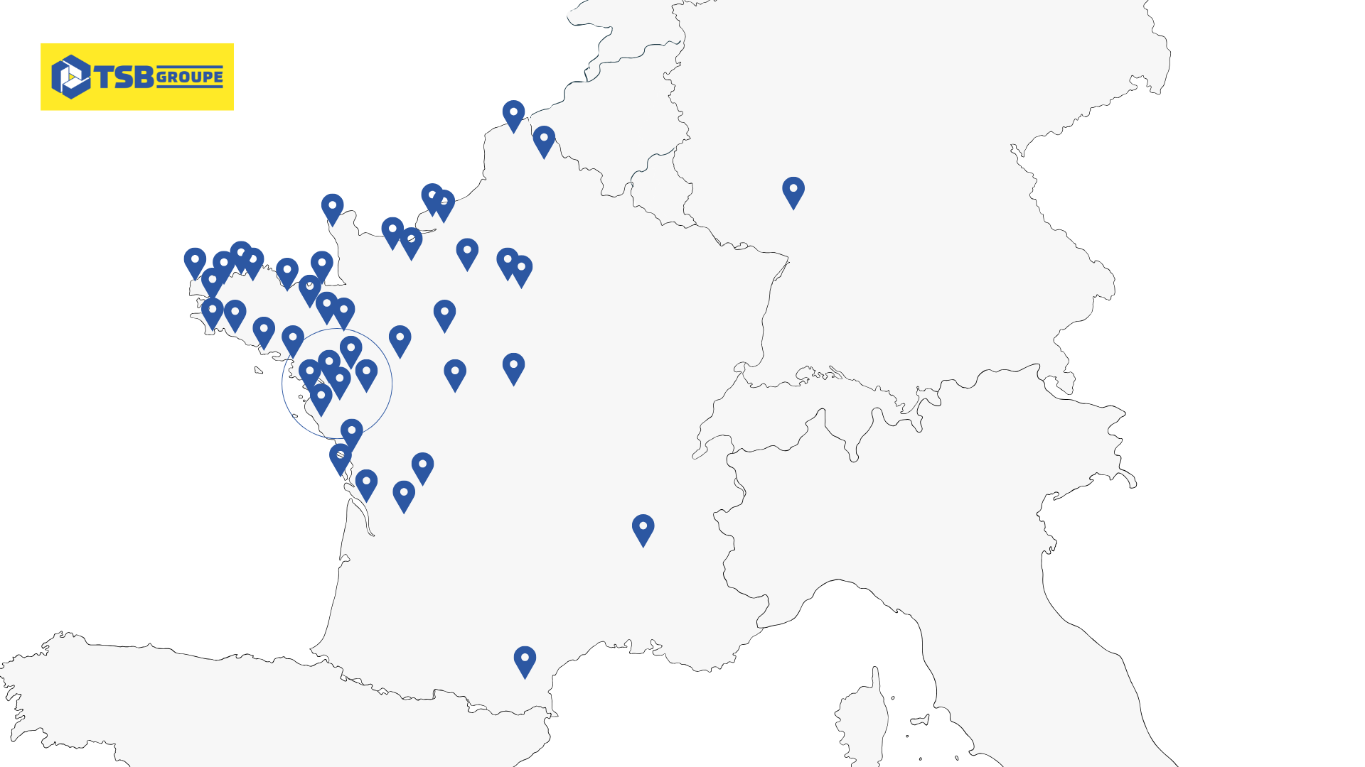 Carte de France des chantiers et perimetre d intervention de TSB Groupe partout en France et en Europe